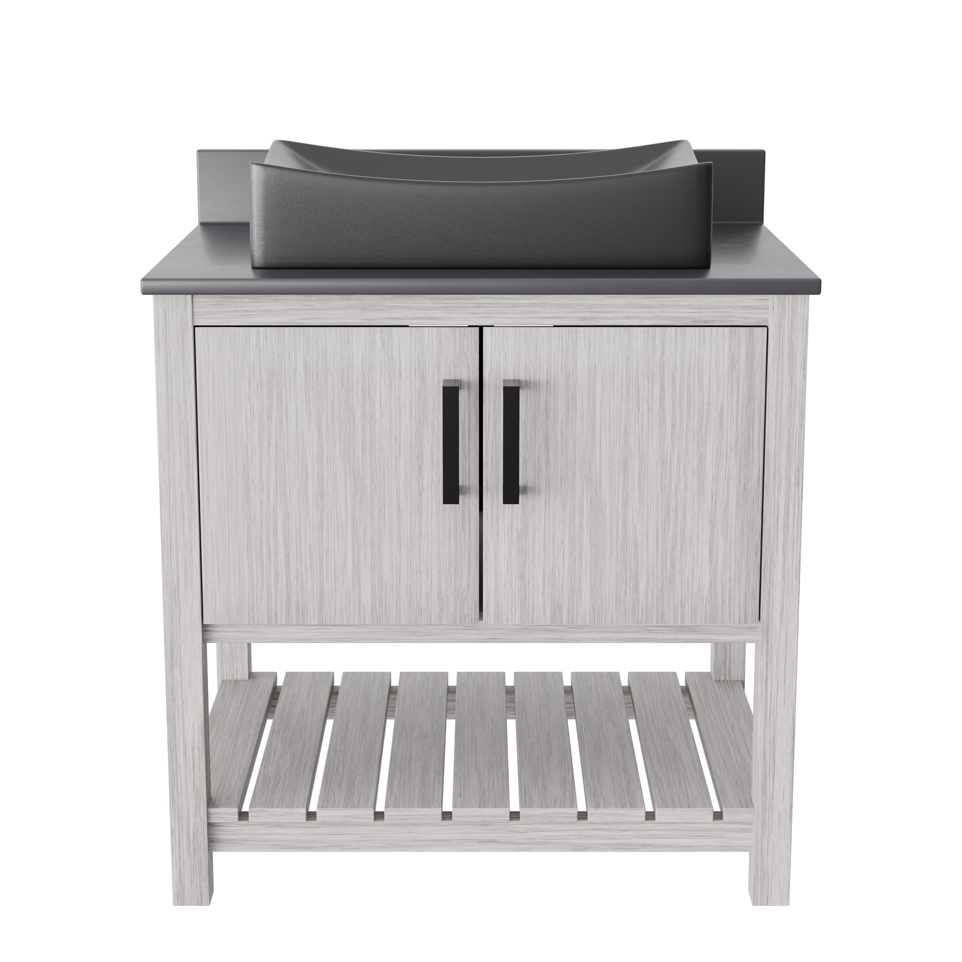 30-inch Novatto bath vanity with storm grey quartz countertop and integrated sink, shown with modern design features.