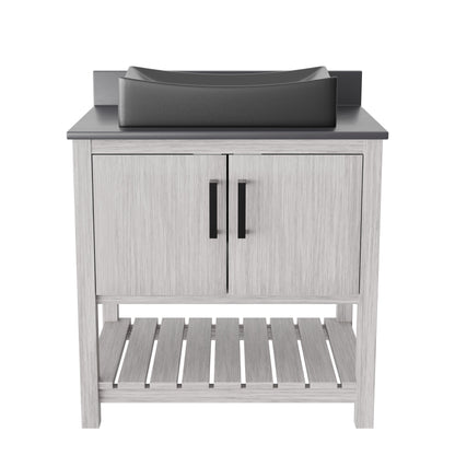 30-inch Novatto bath vanity with storm grey quartz countertop and integrated sink, shown with modern design features.