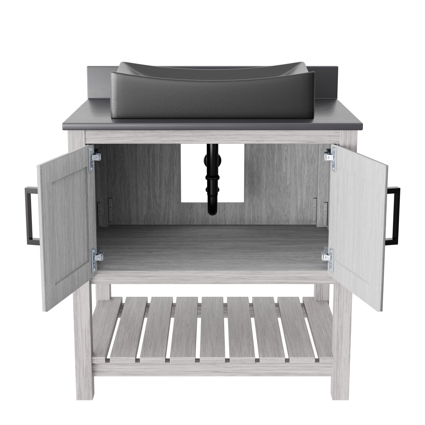 30-inch Novatto bath vanity with storm grey quartz countertop and integrated sink, showcasing modern bathroom accessory design