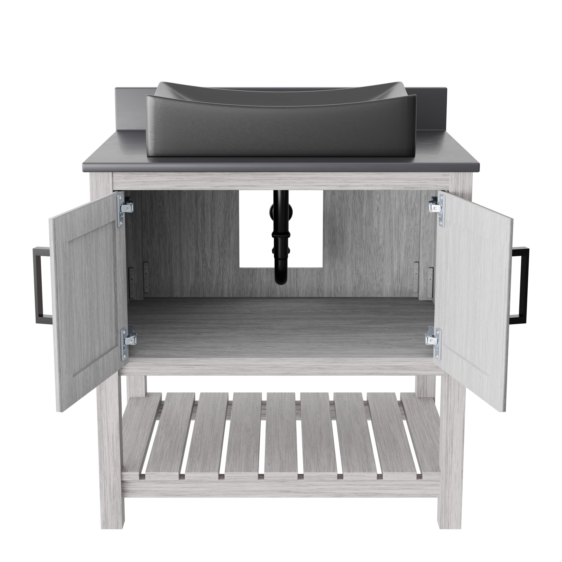 30-inch Novatto bath vanity with storm grey quartz countertop and integrated sink, showcasing modern bathroom accessory design