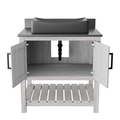 30-inch Novatto bath vanity with storm grey quartz countertop and integrated sink, showcasing modern bathroom accessory design