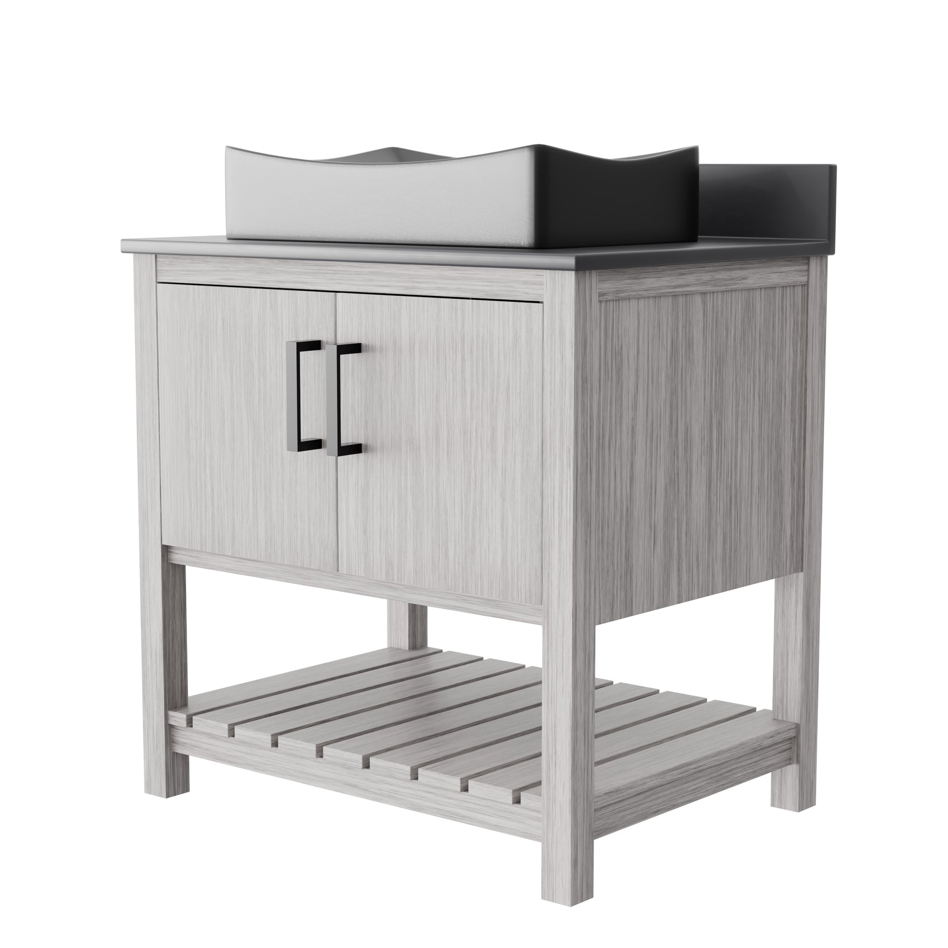 30-inch Novatto bath vanity with storm grey quartz countertop and integrated sink, modern bathroom accessory with sleek design.