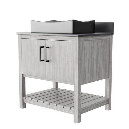 30-inch Novatto bath vanity with storm grey quartz countertop and integrated sink, modern bathroom accessory with sleek design.