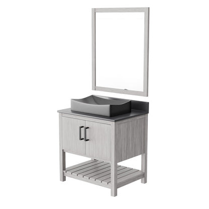30-inch Novatto bath vanity with storm grey quartz countertop and integrated sink, showcasing modern bathroom accessory.