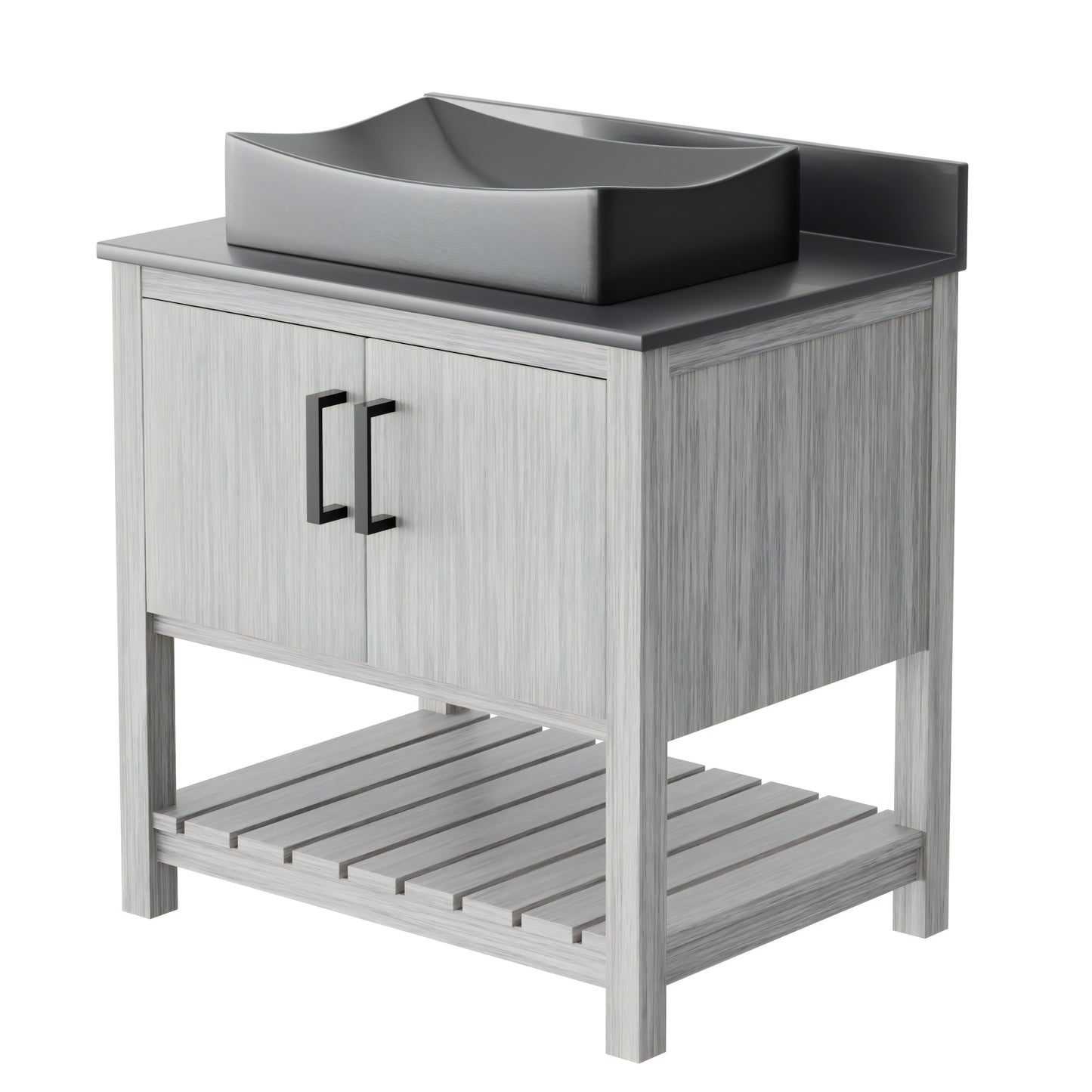 30-inch Novatto bath vanity with storm grey quartz countertop and integrated sink, modern bathroom accessory for stylish spaces