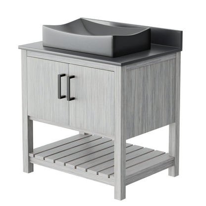 30-inch Novatto bath vanity with storm grey quartz countertop and integrated sink, modern bathroom accessory for stylish spaces