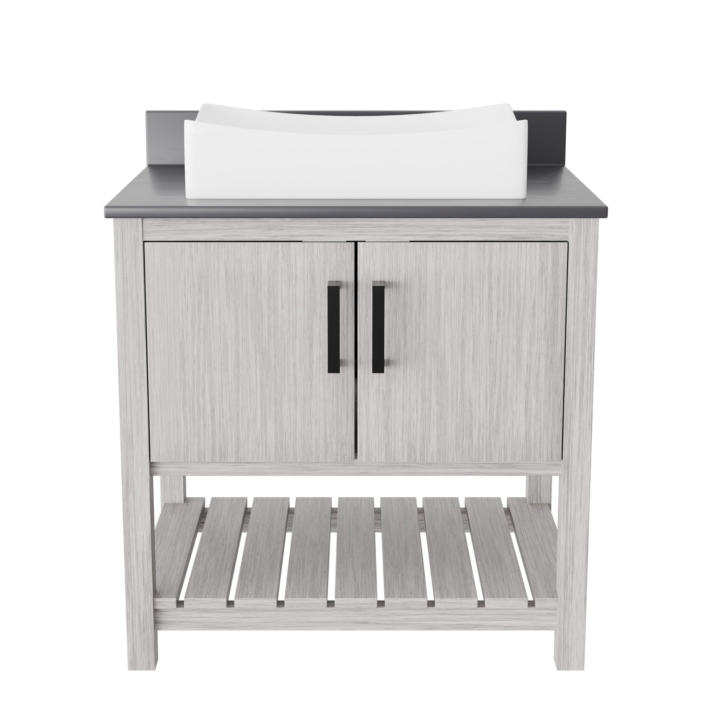 30-inch Novatto bathroom vanity with storm grey quartz countertop and integrated sink, showcasing sleek modern design.