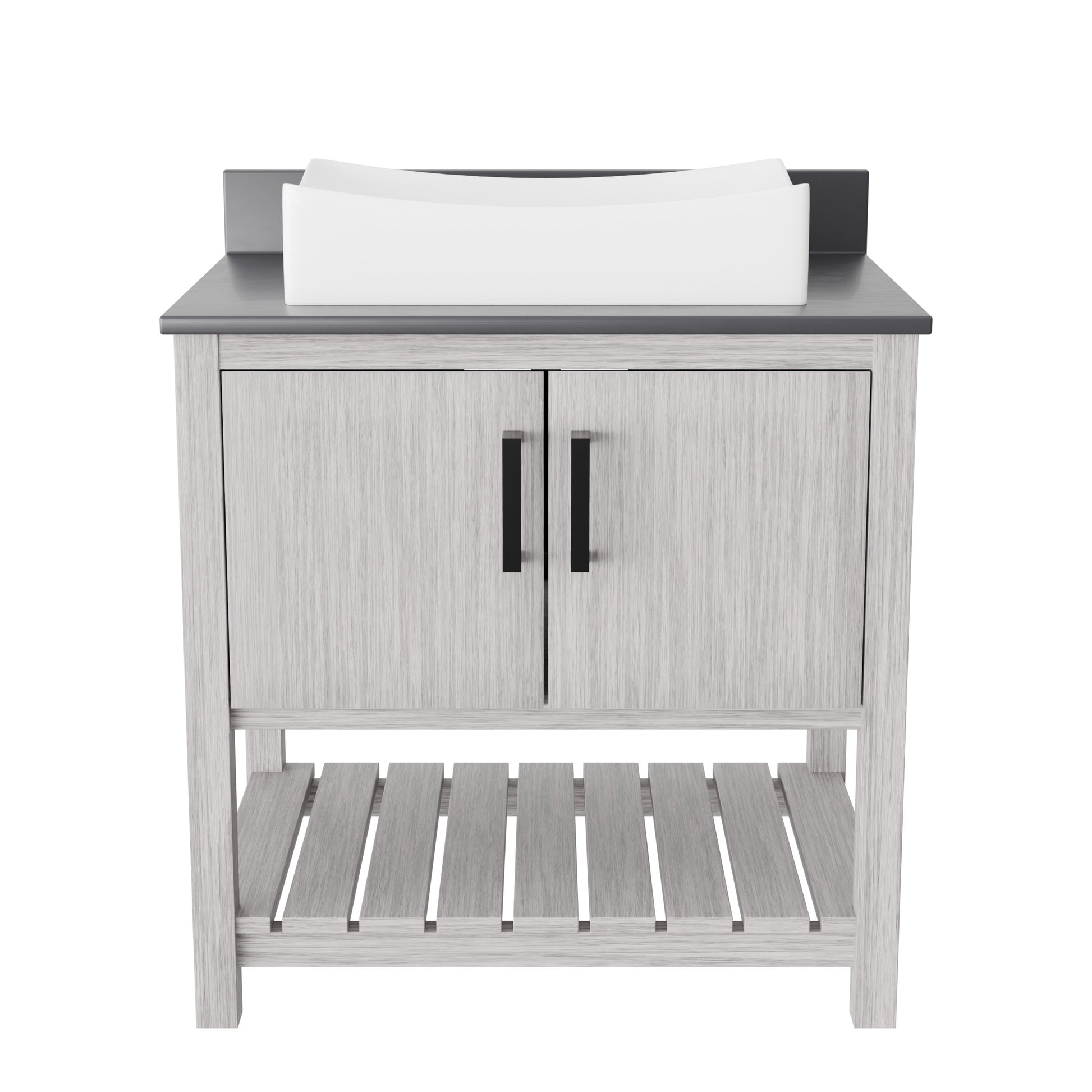 30-inch Novatto bathroom vanity with storm grey quartz countertop and integrated sink, showcasing sleek modern design.