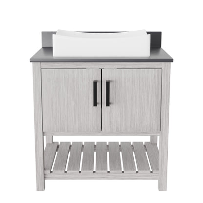 30-inch Novatto bathroom vanity with storm grey quartz countertop and integrated sink, showcasing sleek modern design.