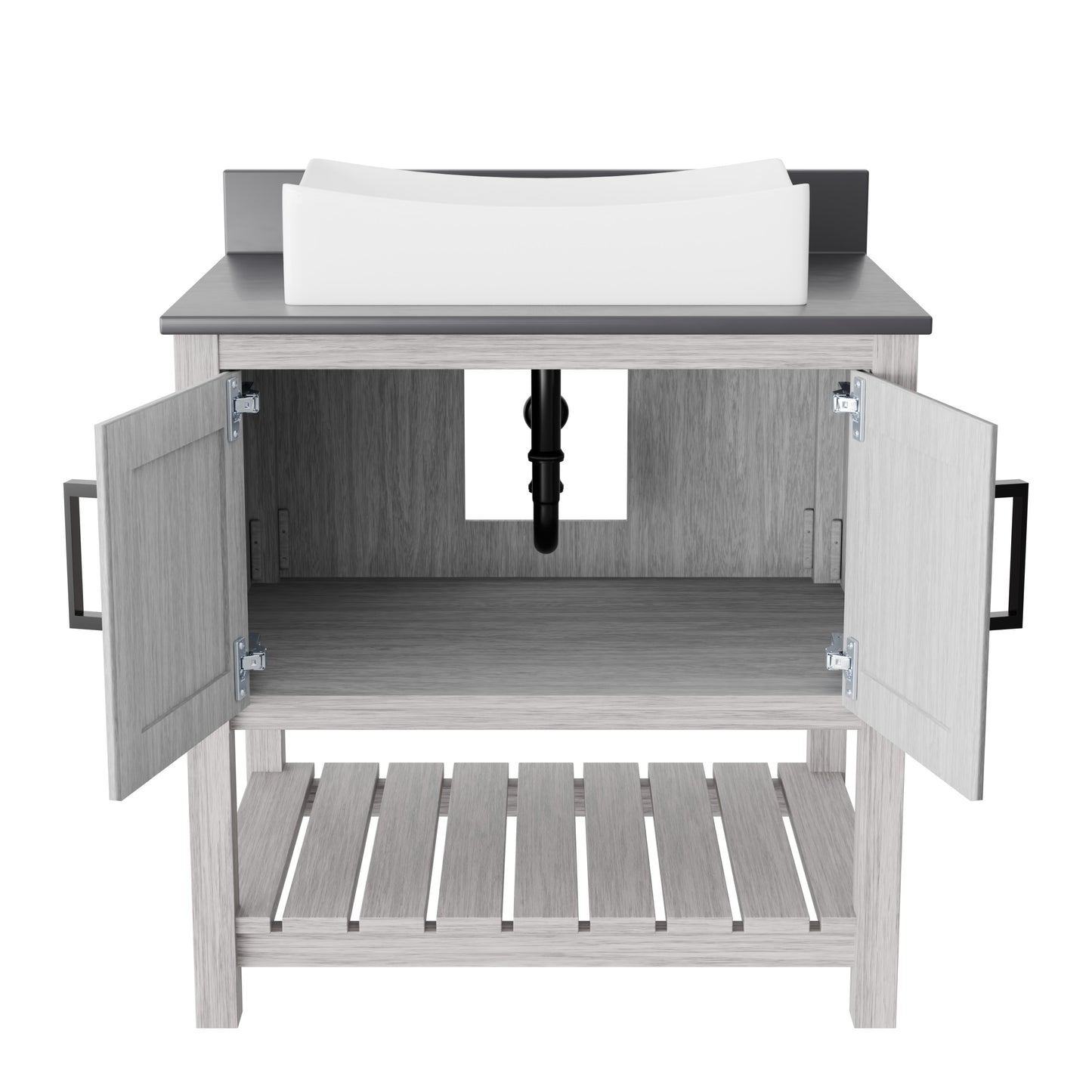 Novatto 30-inch bath vanity with storm grey quartz countertop and integrated sink, modern bathroom accessory, detailed image.