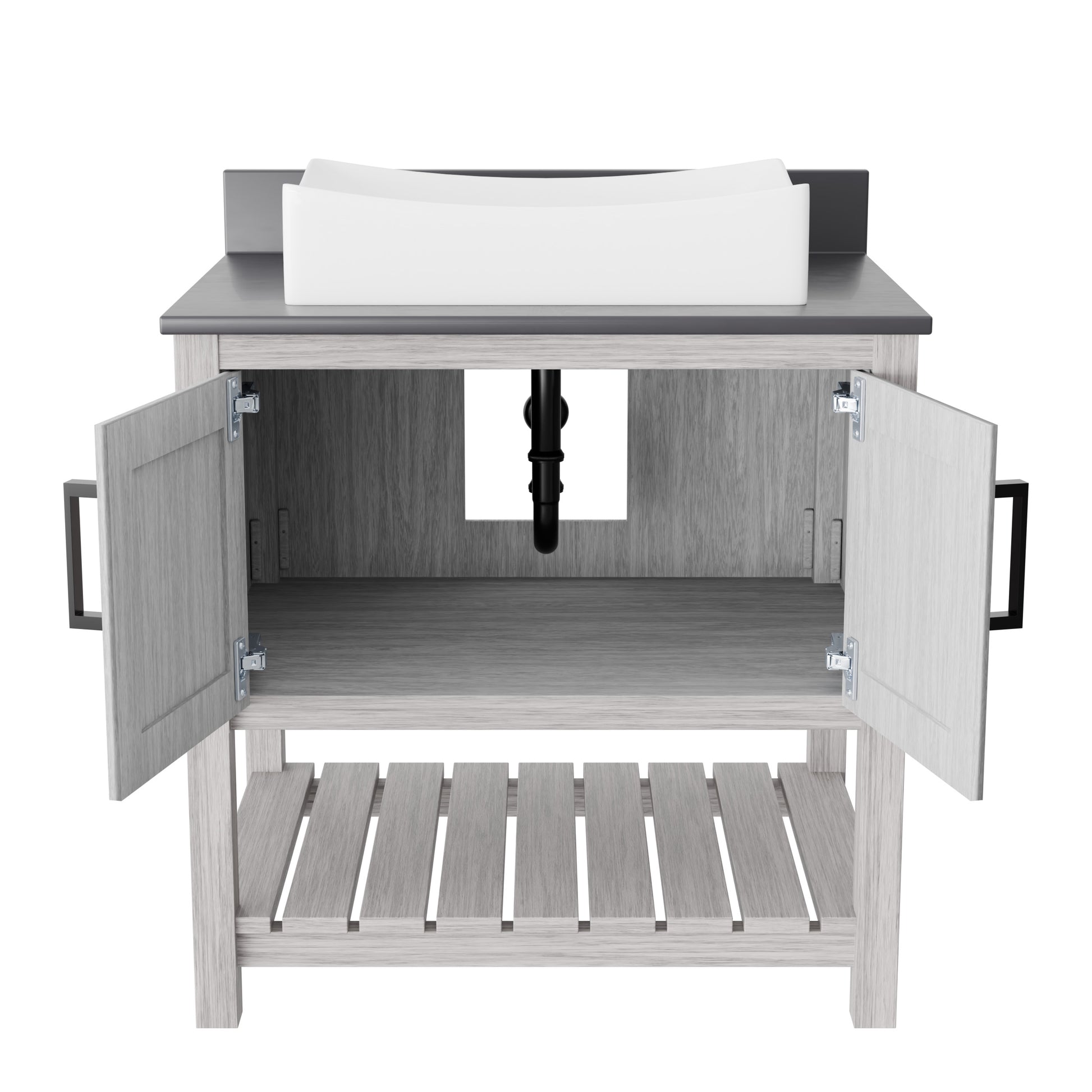 Novatto 30-inch bath vanity with storm grey quartz countertop and integrated sink, modern bathroom accessory, detailed image.