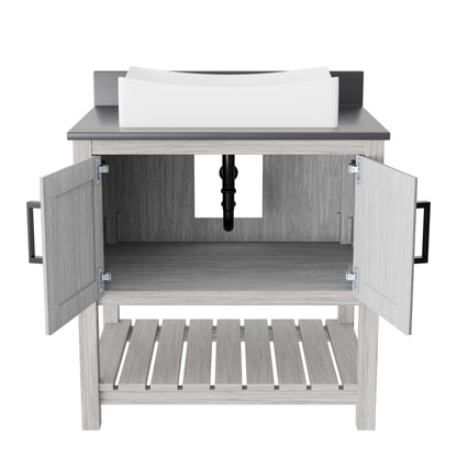 Novatto 30-inch bath vanity with storm grey quartz countertop and integrated sink, modern bathroom accessory, detailed image.