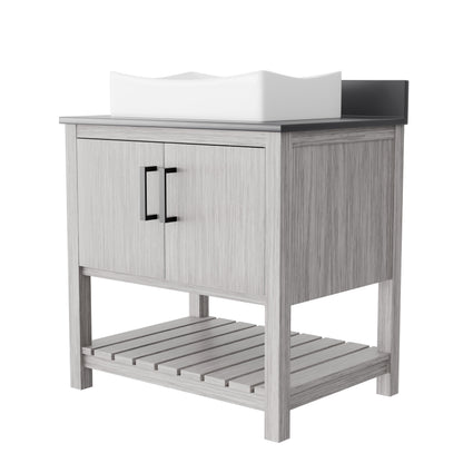30-inch Novatto bath vanity with storm grey quartz countertop and sink, featuring modern bathroom accessory design.