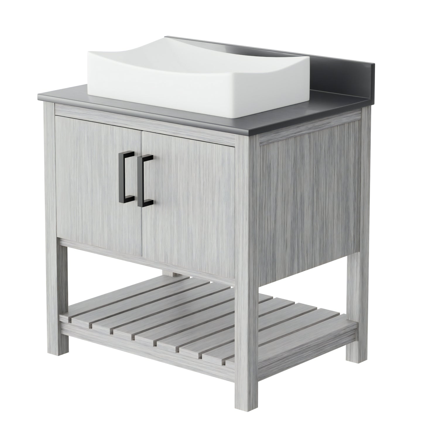 30-inch Novatto bath vanity with storm grey quartz countertop and sink, showcasing the sleek, modern bathroom accessory.