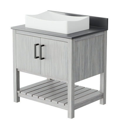 30-inch Novatto bath vanity with storm grey quartz countertop and sink, showcasing the sleek, modern bathroom accessory.