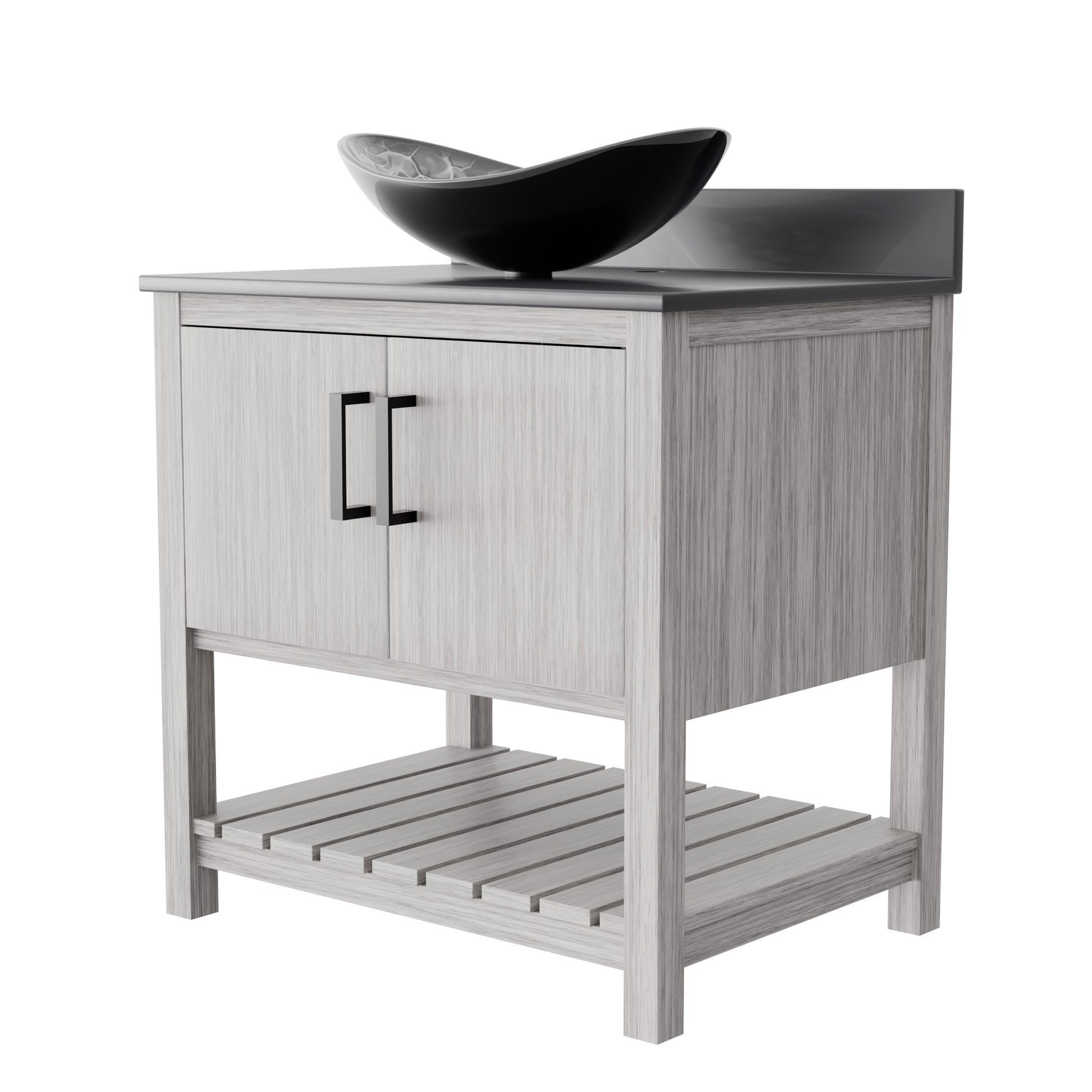 Novatto 30-inch bath vanity with storm grey quartz countertop and integrated sink, modern bathroom accessory, natural stone finish