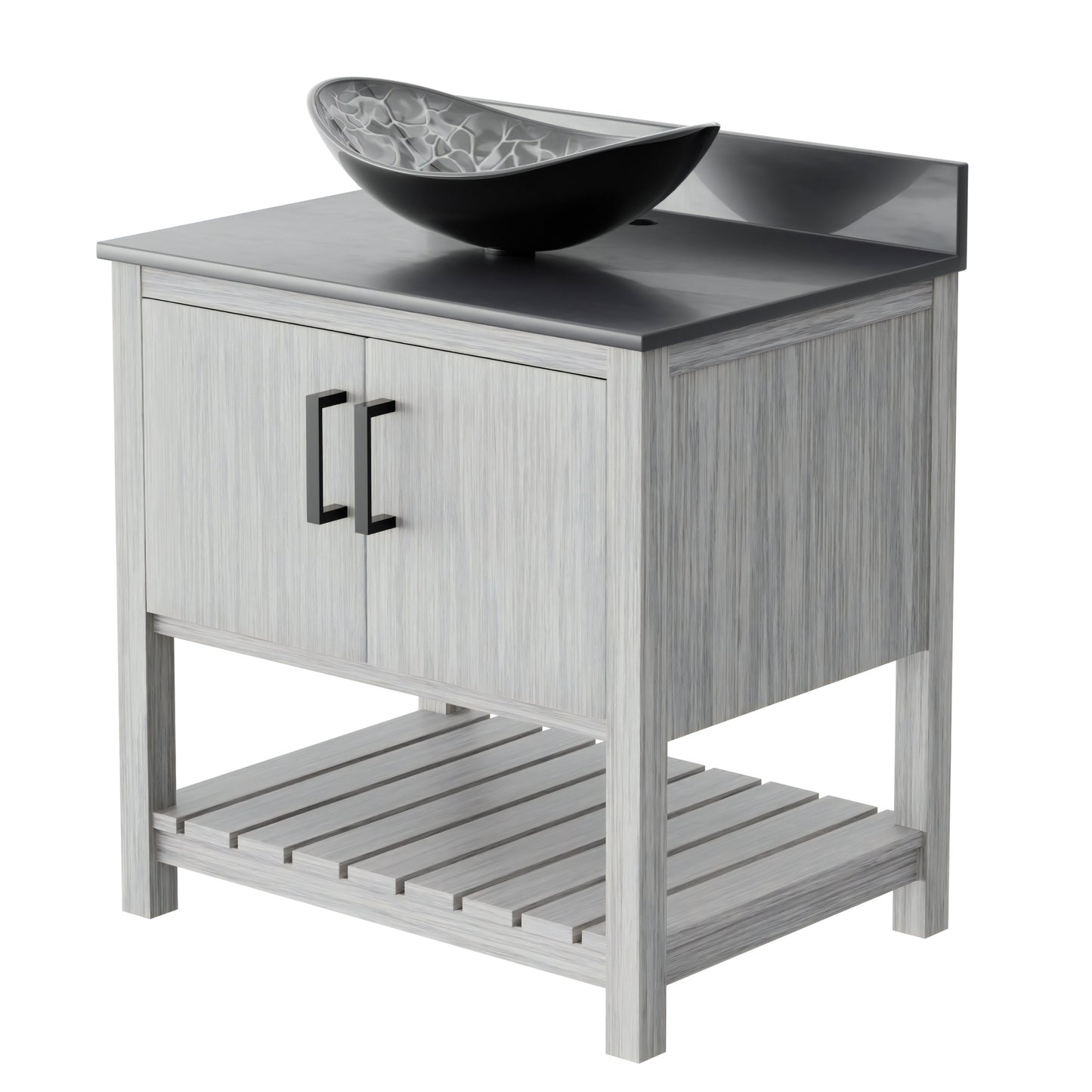 30-inch Novatto bath vanity with storm grey quartz countertop and sink, showcasing sleek bathroom accessory design.