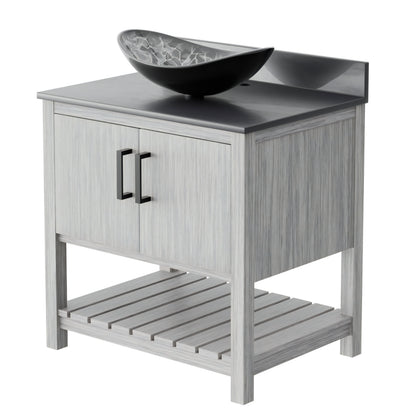 30-inch Novatto bath vanity with storm grey quartz countertop and sink, showcasing sleek bathroom accessory design.