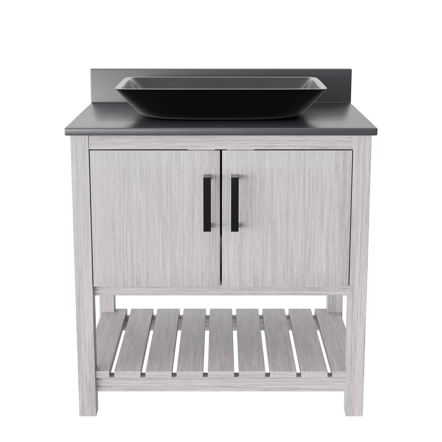 30-inch Novatto bath vanity with storm grey countertop and integrated sink, featuring modern design and sleek finish.