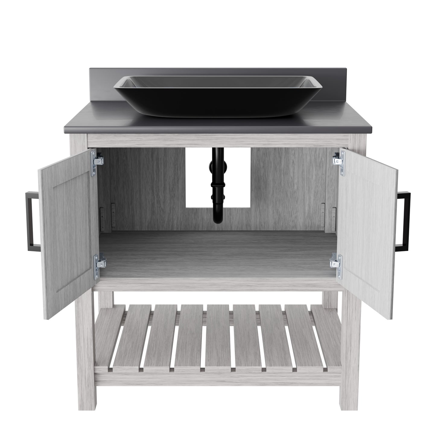30-inch Novatto bath vanity with storm grey countertop and sink, showcasing modern bathroom accessory design.