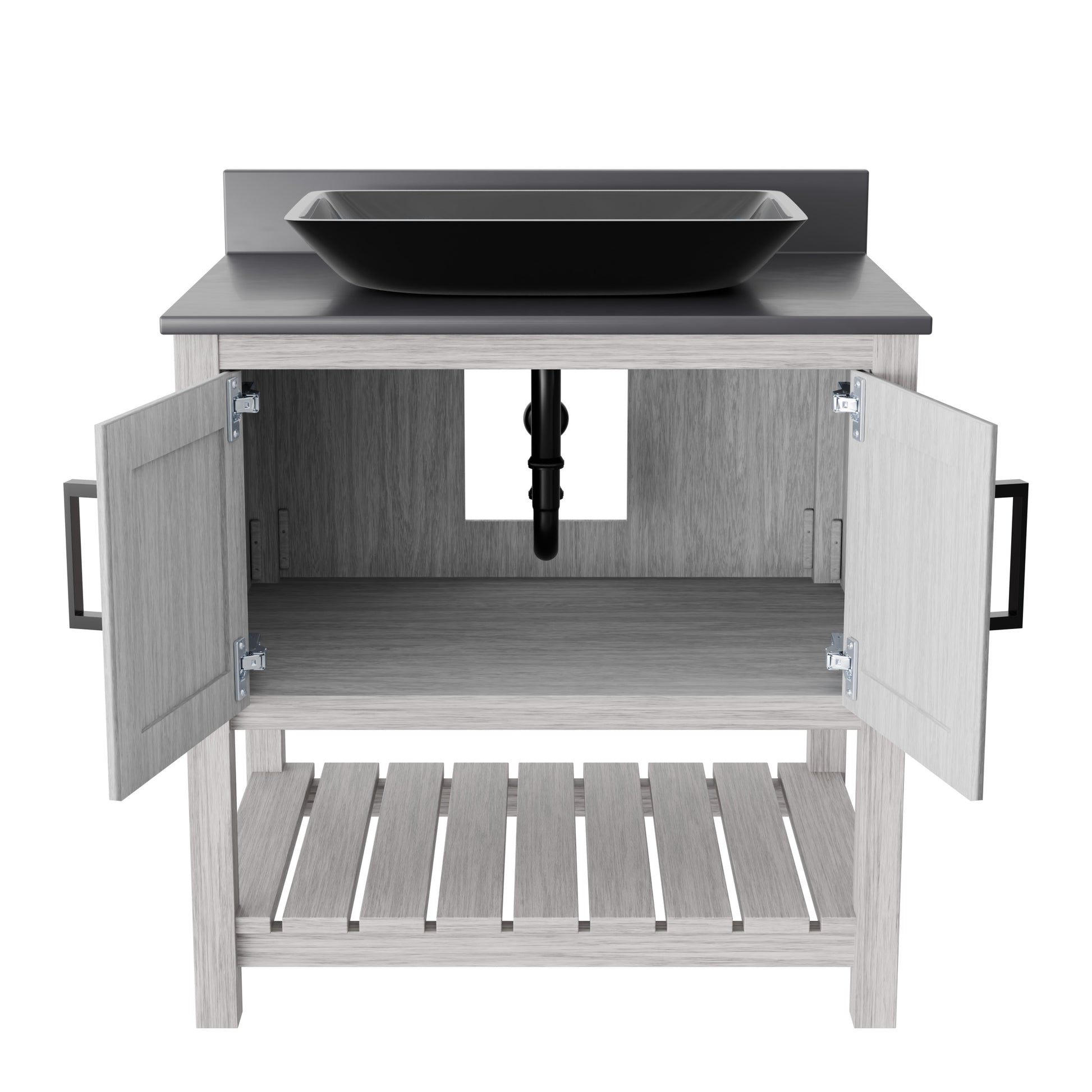 30-inch Novatto bath vanity with storm grey countertop and sink, showcasing modern bathroom accessory design.