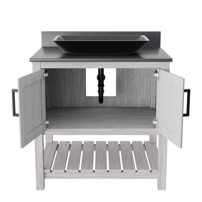 30-inch Novatto bath vanity with storm grey countertop and sink, showcasing modern bathroom accessory design.