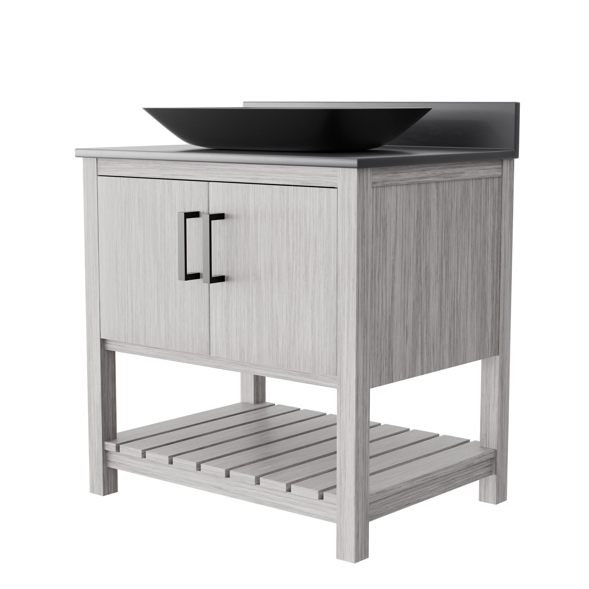 30-inch Novatto bath vanity with storm grey countertop and sink, showcasing modern bathroom accessory design.
