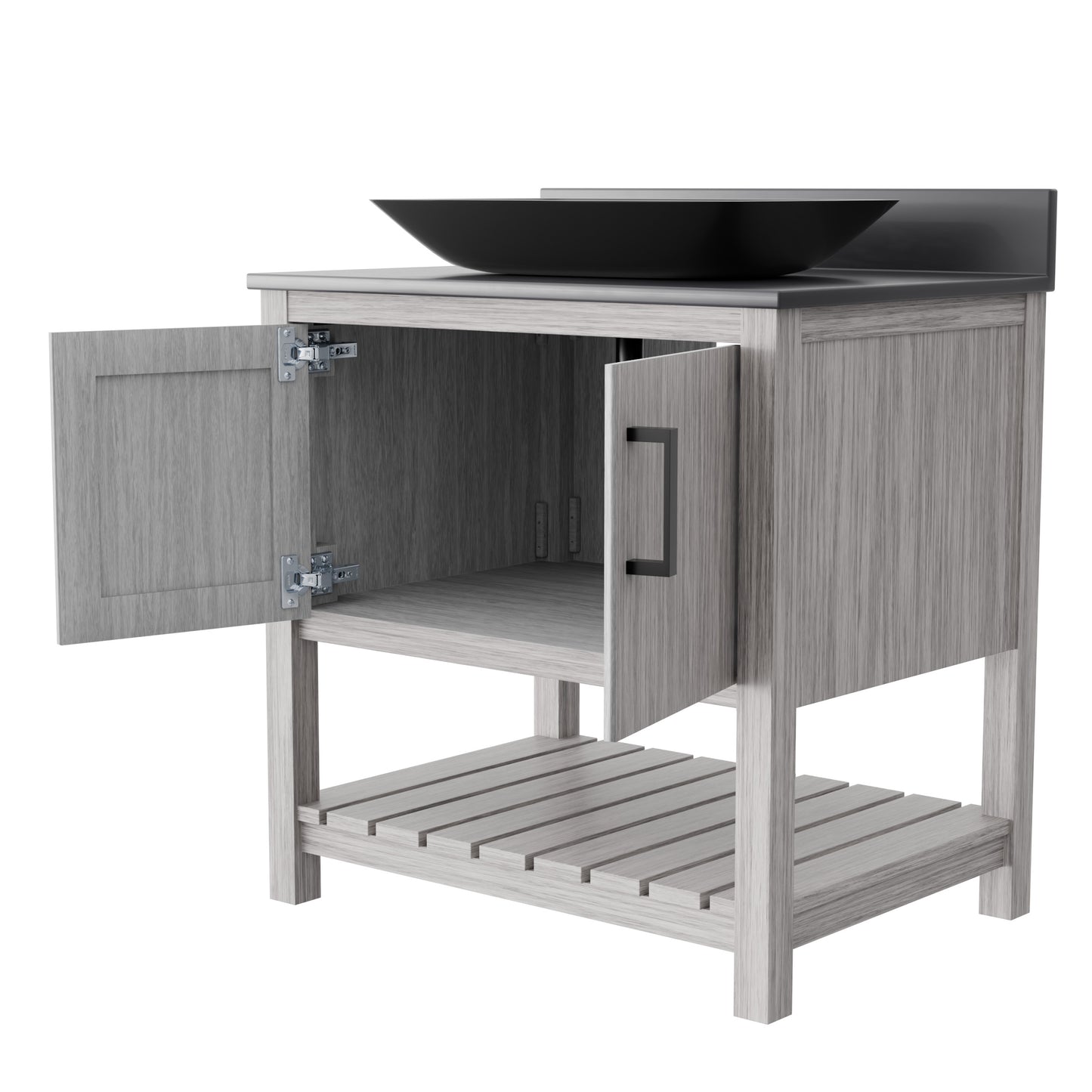 30-inch Novatto bath vanity with storm grey countertop and sink, showcasing sleek bathroom accessory design.