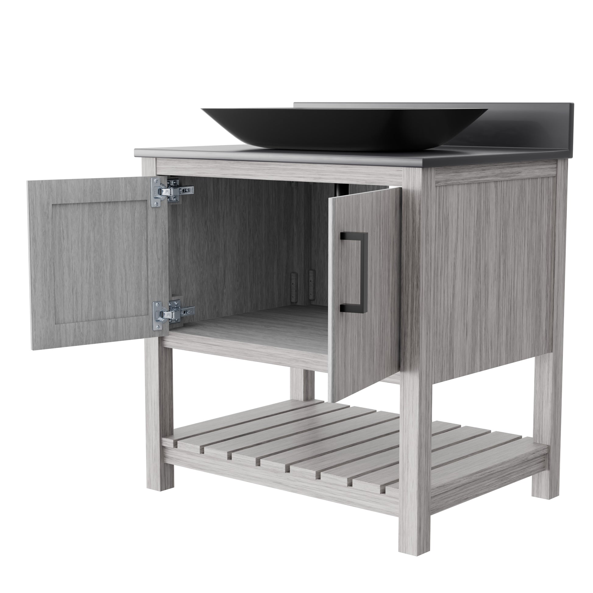 30-inch Novatto bath vanity with storm grey countertop and sink, showcasing sleek bathroom accessory design.