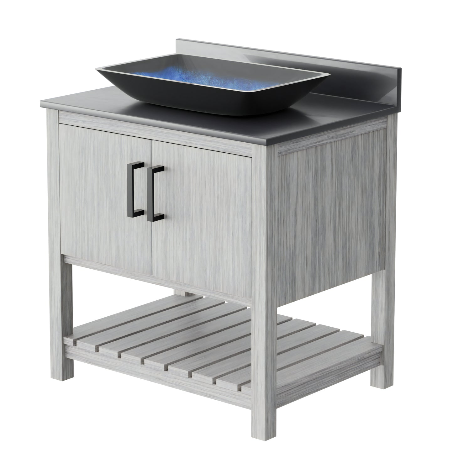 30-inch Novatto bath vanity with storm grey countertop and sink, showcasing modern bathroom accessory design.