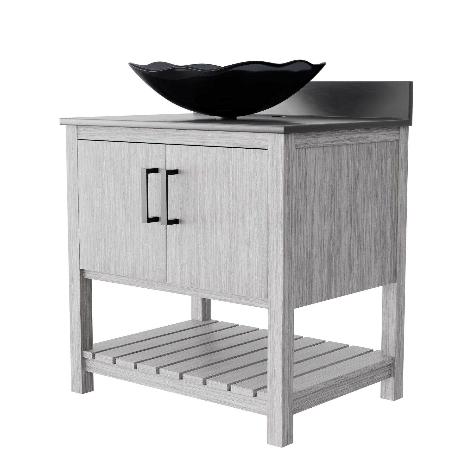 30-inch Novatto bath vanity with storm grey quartz countertop and sink, showcasing sleek bathroom accessory design.