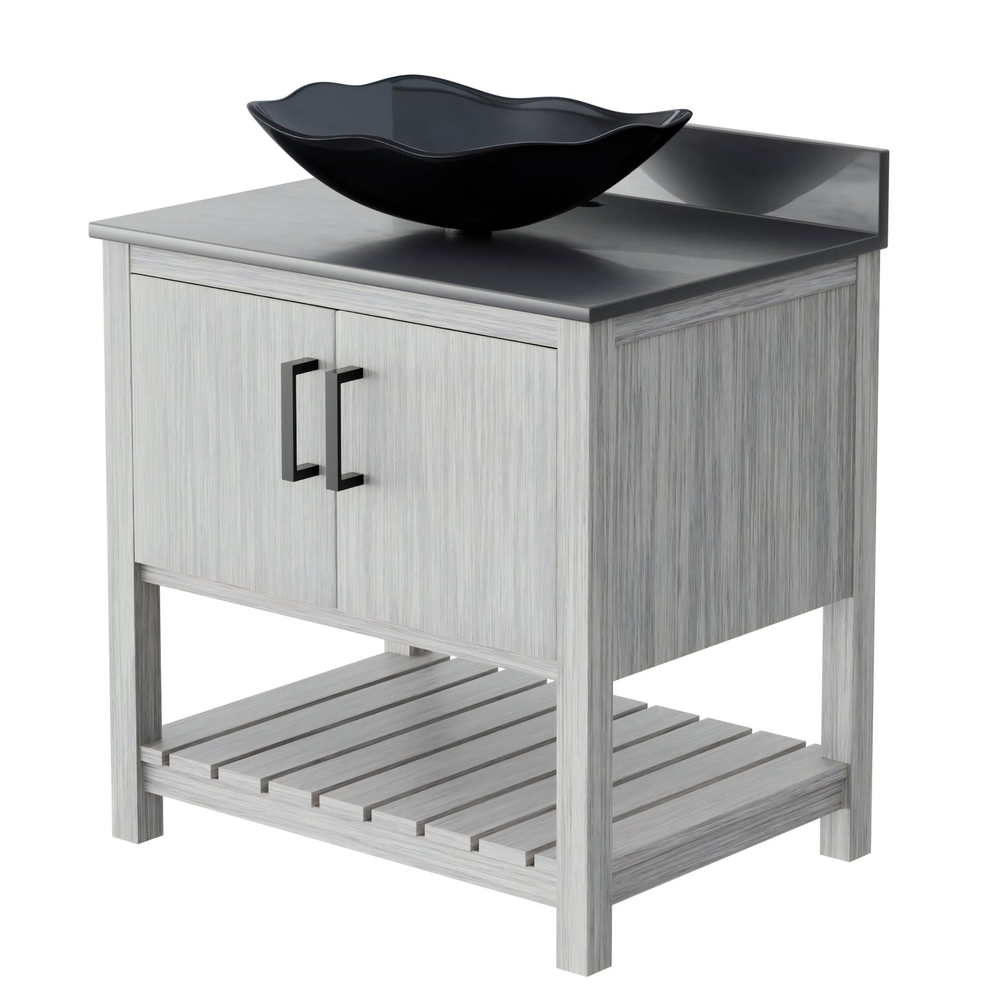 30-inch Novatto bathroom vanity with storm grey quartz countertop and integrated sink, showcasing modern bathroom accessory.