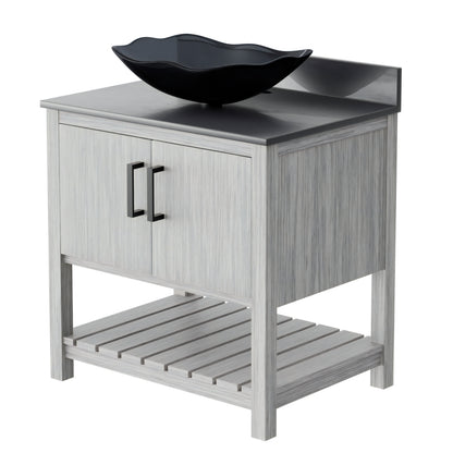30-inch Novatto bathroom vanity with storm grey quartz countertop and integrated sink, showcasing modern bathroom accessory.
