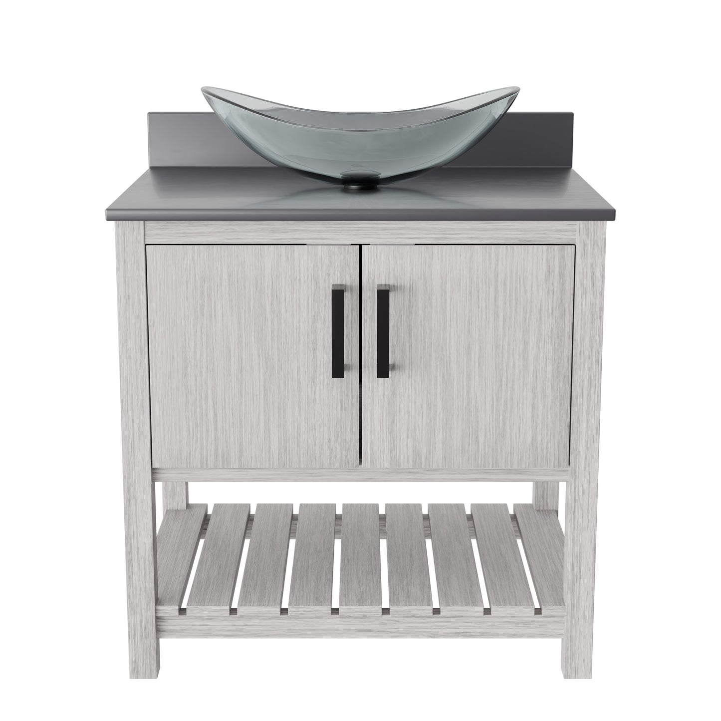 30-inch Novatto bath vanity with storm grey quartz countertop and integrated sink, showcasing sleek bathroom accessory design