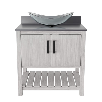 30-inch Novatto bath vanity with storm grey quartz countertop and integrated sink, showcasing sleek bathroom accessory design