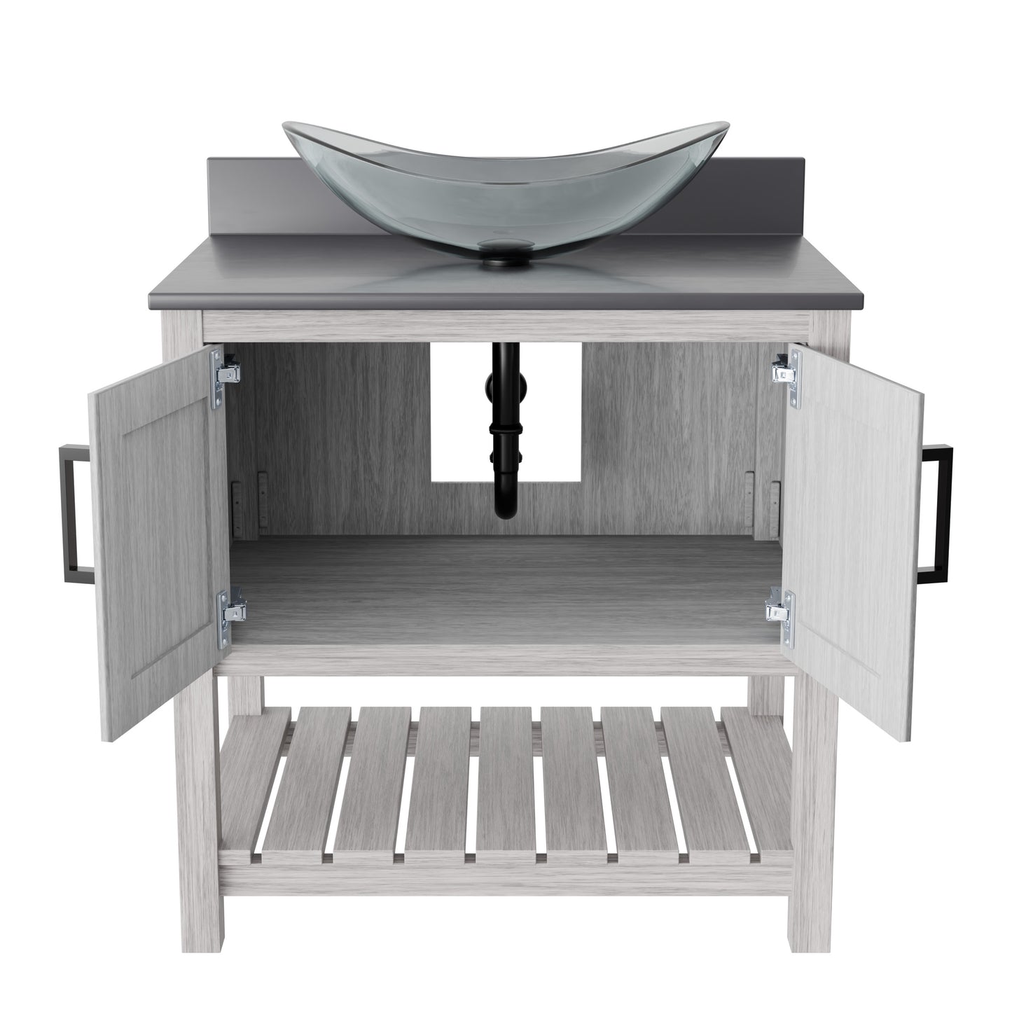 30-inch Novatto bath vanity with storm grey quartz countertop and integrated sink, showcasing modern bathroom accessory design.