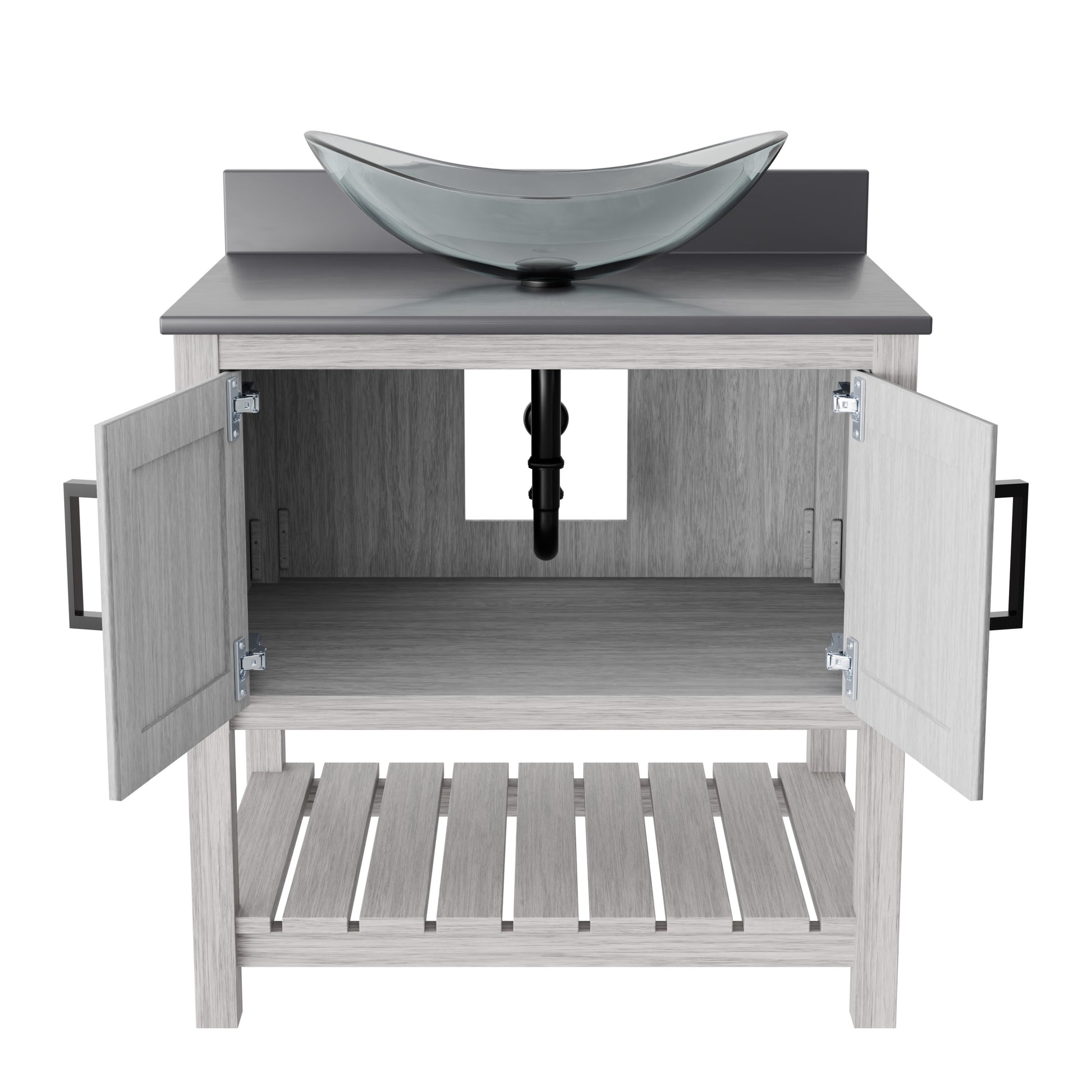 30-inch Novatto bath vanity with storm grey quartz countertop and integrated sink, showcasing modern bathroom accessory design.