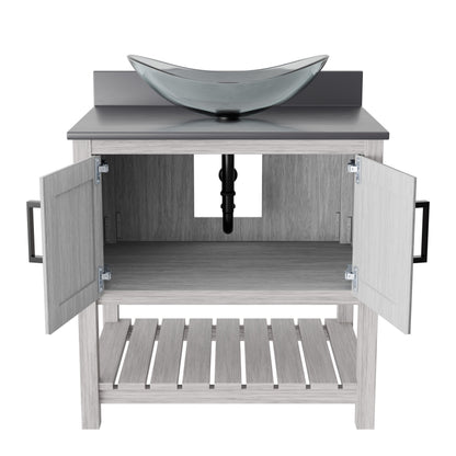 30-inch Novatto bath vanity with storm grey quartz countertop and integrated sink, showcasing modern bathroom accessory design.