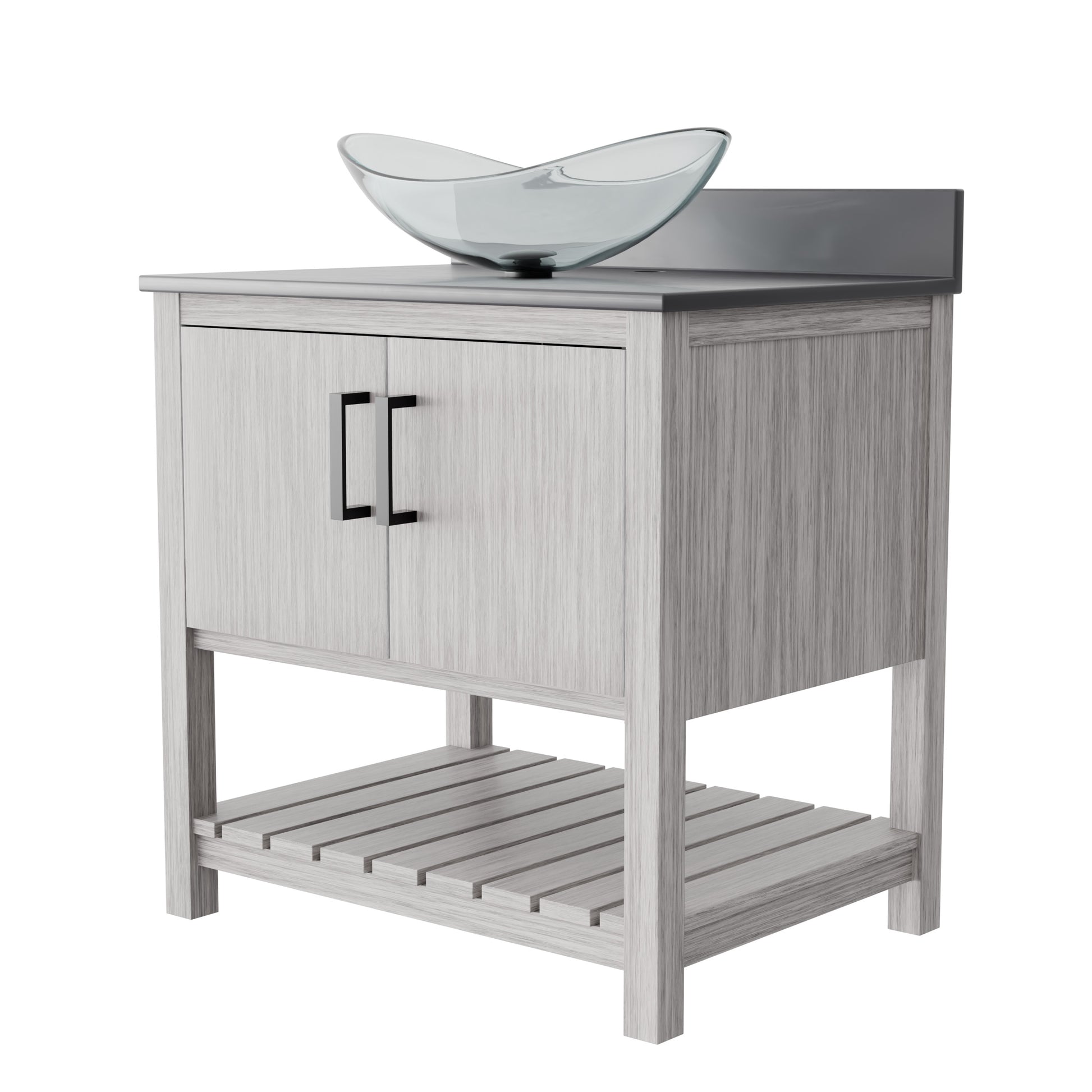 30-inch Novatto bathroom vanity with storm grey quartz countertop and integrated sink, shown from a front view.