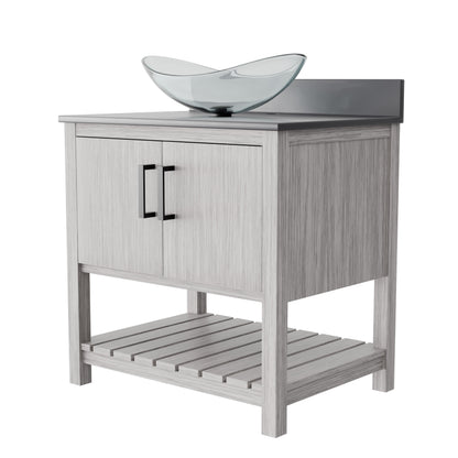 30-inch Novatto bathroom vanity with storm grey quartz countertop and integrated sink, shown from a front view.