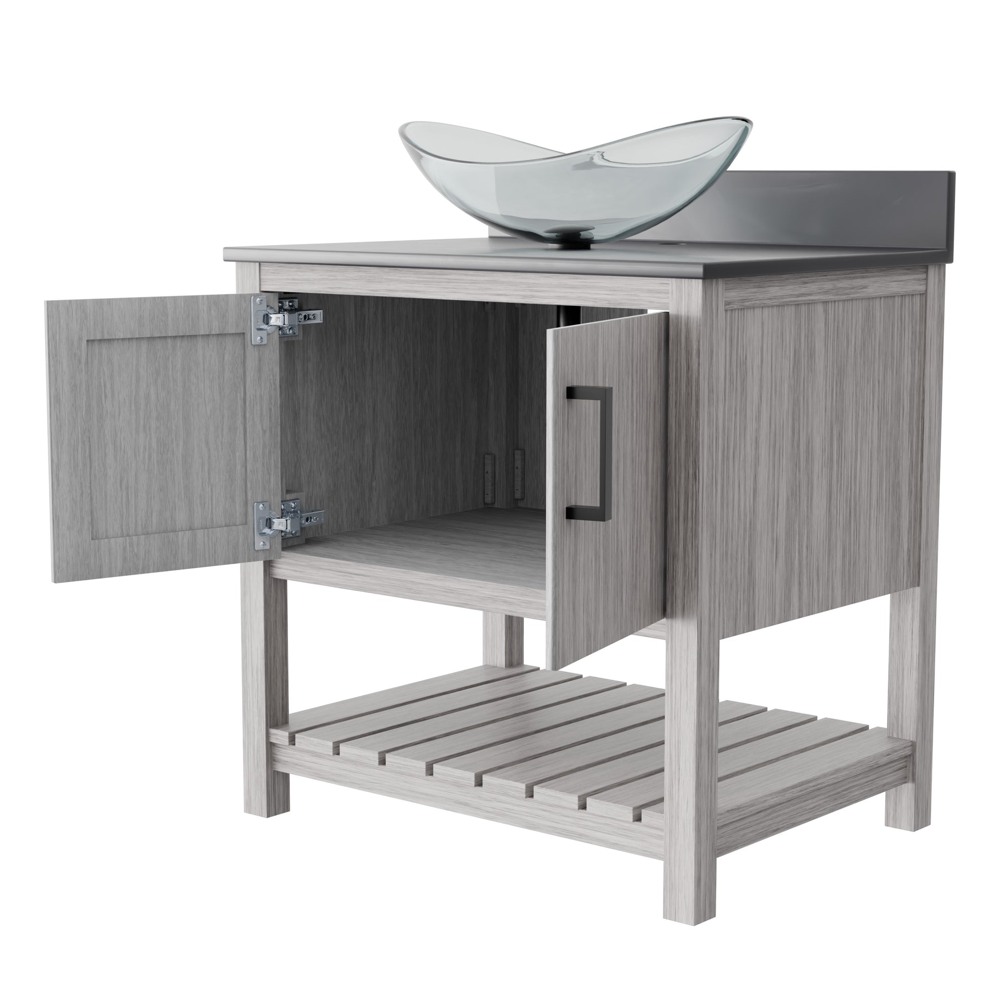30-inch Novatto bath vanity with storm grey quartz countertop and integrated sink, showcasing sleek bathroom accessory design.