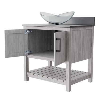 30-inch Novatto bath vanity with storm grey quartz countertop and integrated sink, showcasing sleek bathroom accessory design.