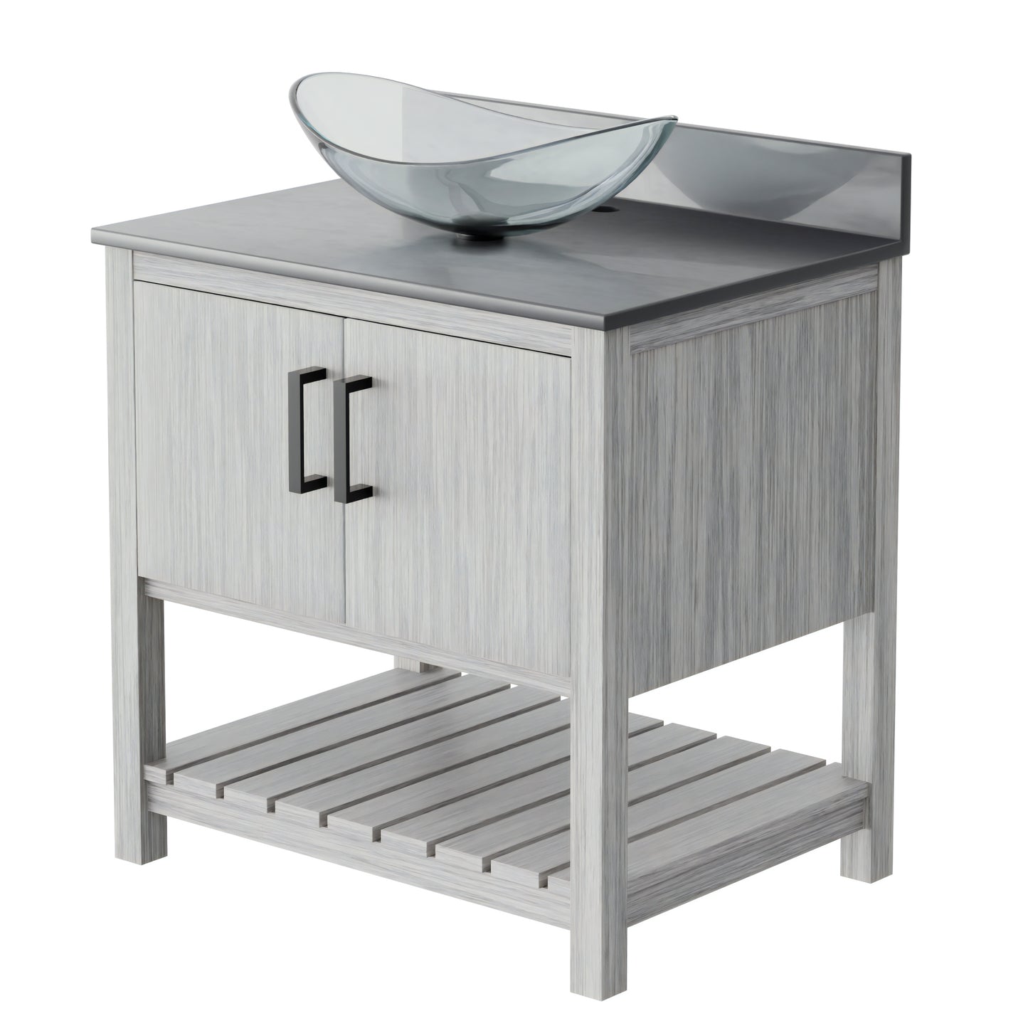 30-inch Novatto bath vanity with storm grey quartz counter and sink, modern bathroom accessory with sleek design.