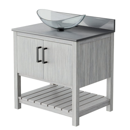 30-inch Novatto bath vanity with storm grey quartz counter and sink, modern bathroom accessory with sleek design.