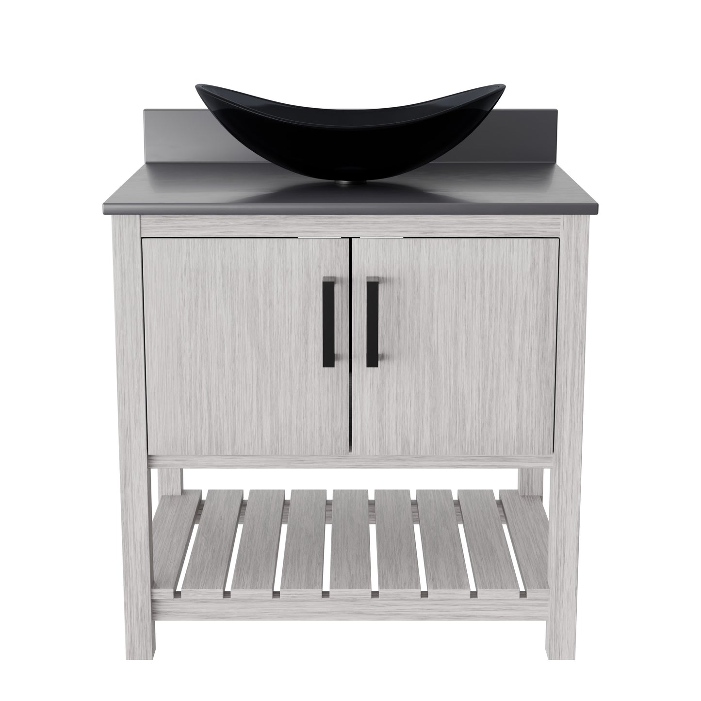 30-inch Novatto bath vanity with storm grey quartz countertop and integrated sink, showcasing modern bathroom accessory design.