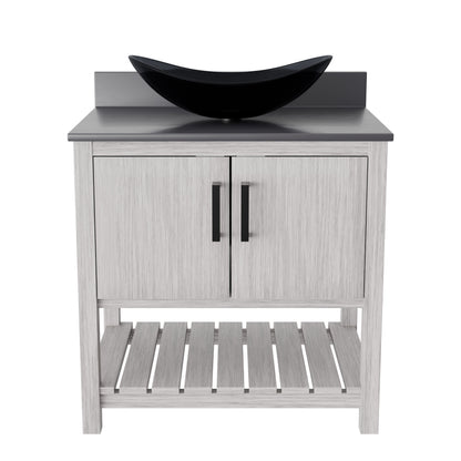 30-inch Novatto bath vanity with storm grey quartz countertop and integrated sink, showcasing modern bathroom accessory design.