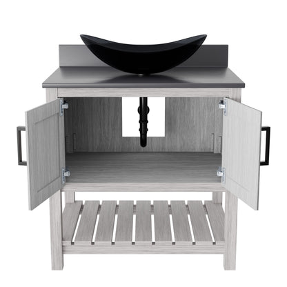 30-inch Novatto bath vanity with storm grey quartz countertop and sink, showcasing sleek, modern bathroom accessory design.