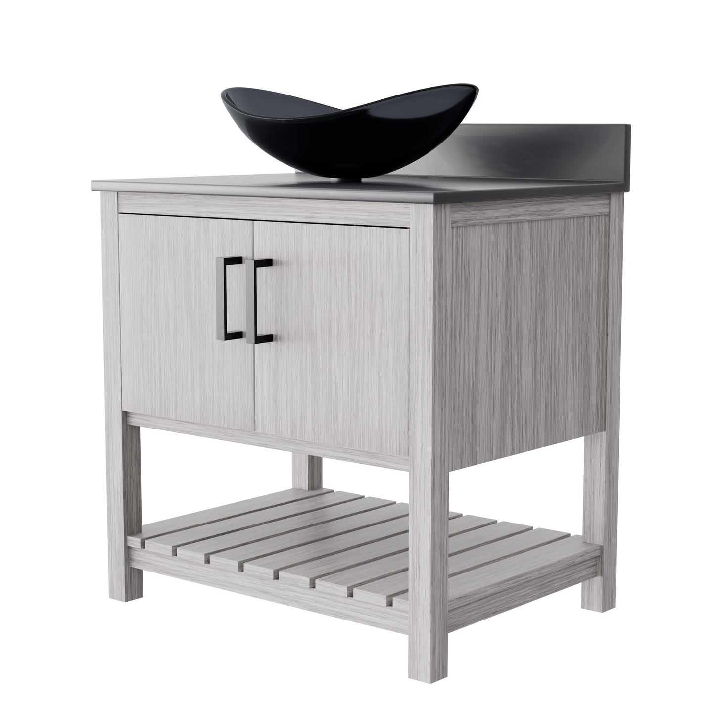 30-inch Novatto bath vanity with storm grey quartz countertop and integrated sink, showcasing sleek modern bathroom accessory.