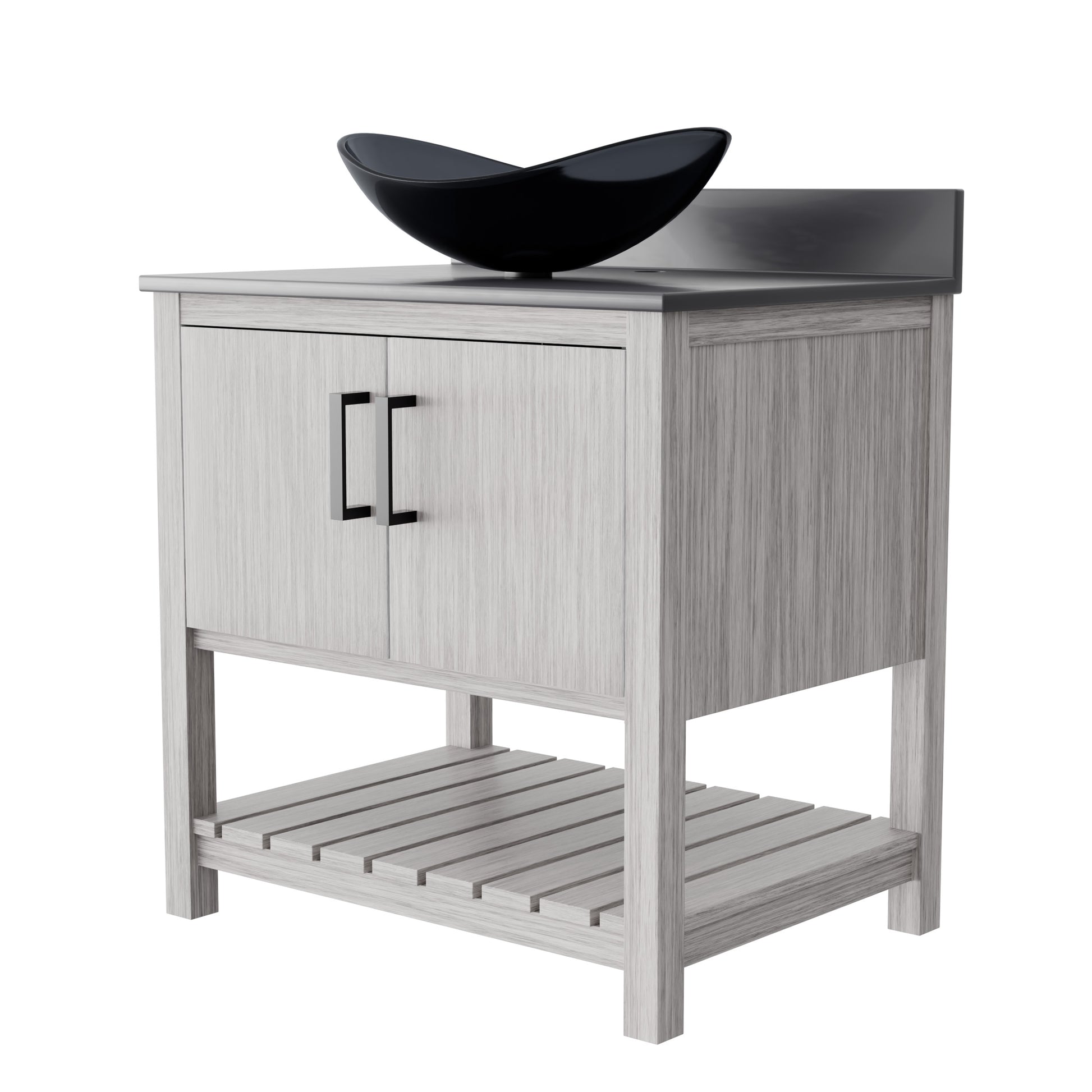 30-inch Novatto bath vanity with storm grey quartz countertop and integrated sink, showcasing sleek modern bathroom accessory.
