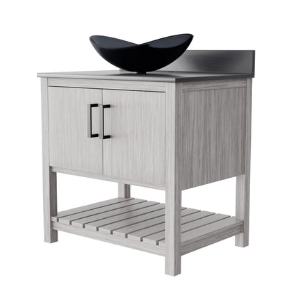 30-inch Novatto bath vanity with storm grey quartz countertop and integrated sink, showcasing sleek modern bathroom accessory.